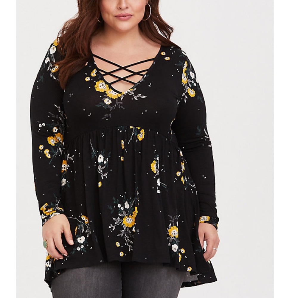 Torrid Super Soft Black Floral Babydoll Shirt